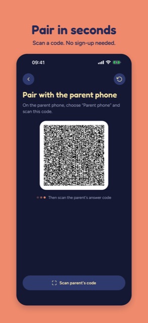 Baby Monitor Direct screenshot: pair two phones with a QR code