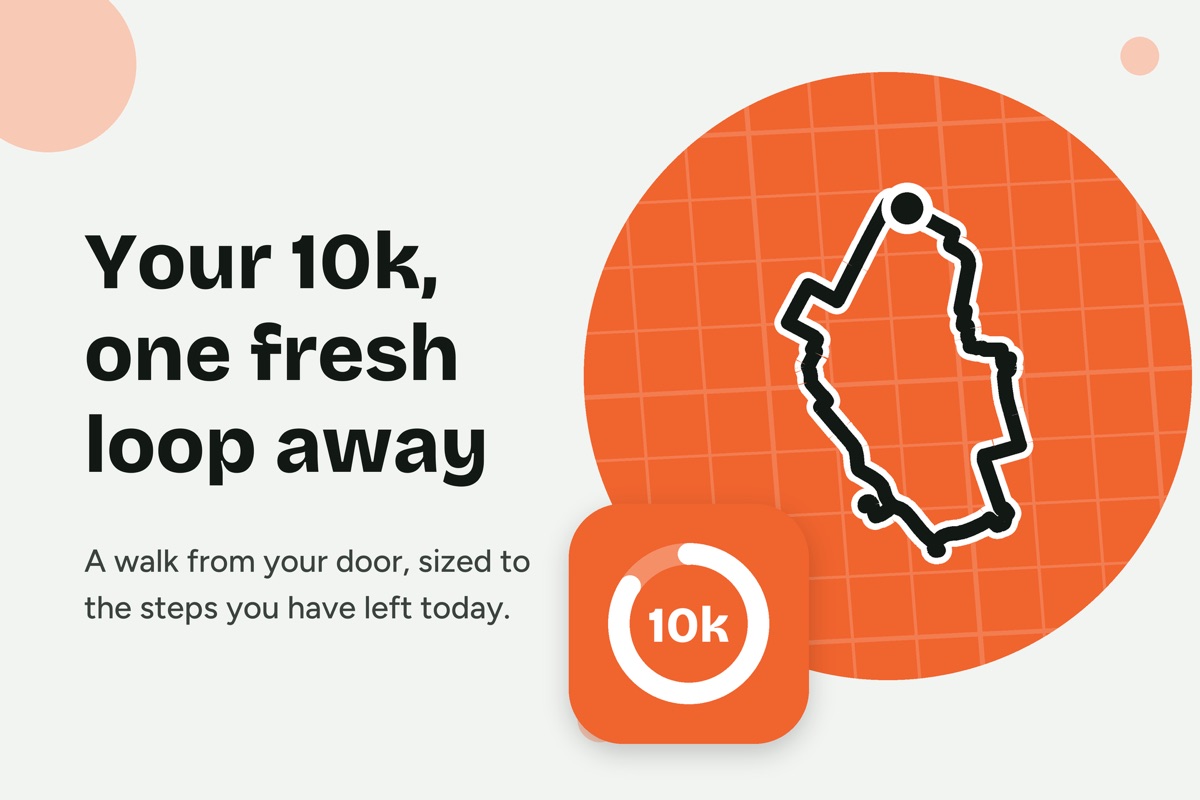 just10k: your 10k, one fresh loop away. A walking loop drawn on a city map