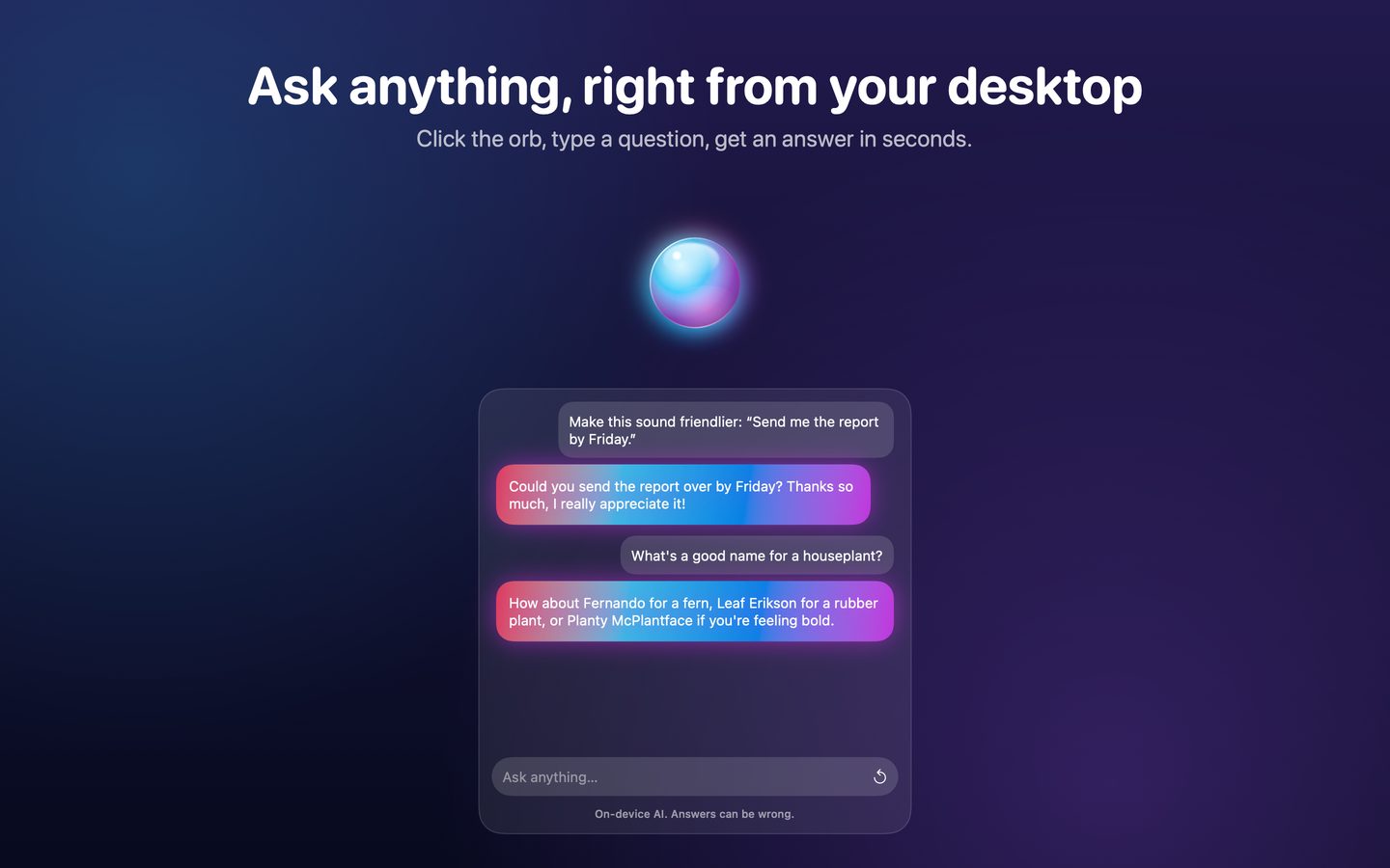 Örb's chat window open under the floating orb, answering two questions