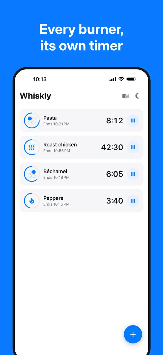 Whiskly screenshot: four cooking timers running at once, for pasta, roast chicken, béchamel and peppers