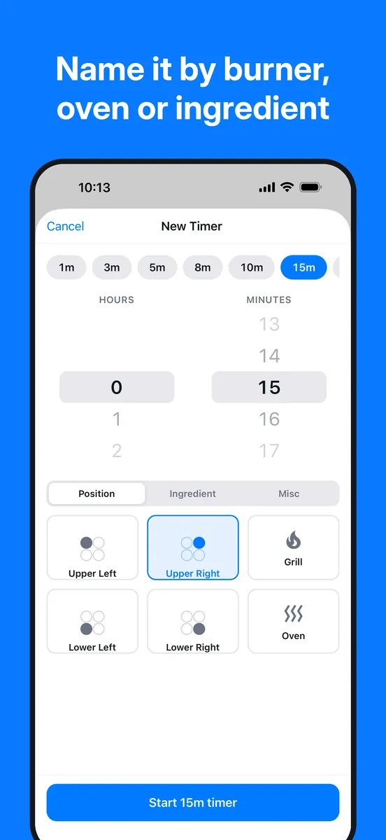 Whiskly screenshot: new timer screen with quick presets and a burner position picker
