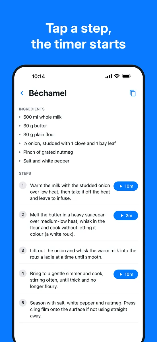 Whiskly screenshot: béchamel recipe with a one-tap timer button on each timed step