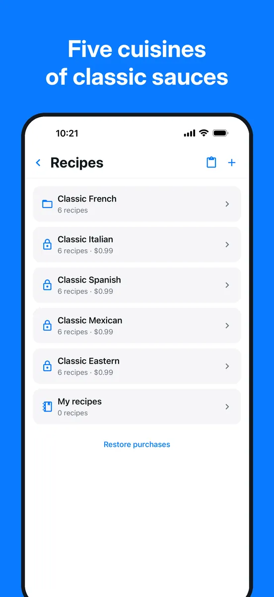 Whiskly screenshot: recipe list of five cuisines, Classic French free and the other four at $0.99