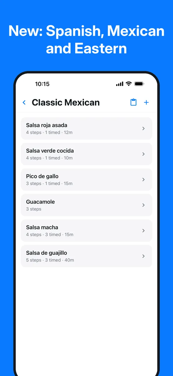 Whiskly screenshot: Classic Mexican recipes including salsa roja asada, pico de gallo and guacamole