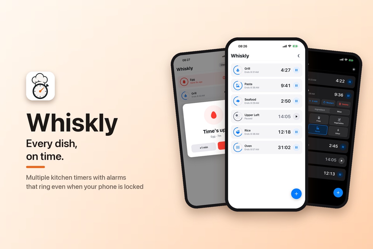 Whiskly kitchen multi timer running several cooking timers on iPhone